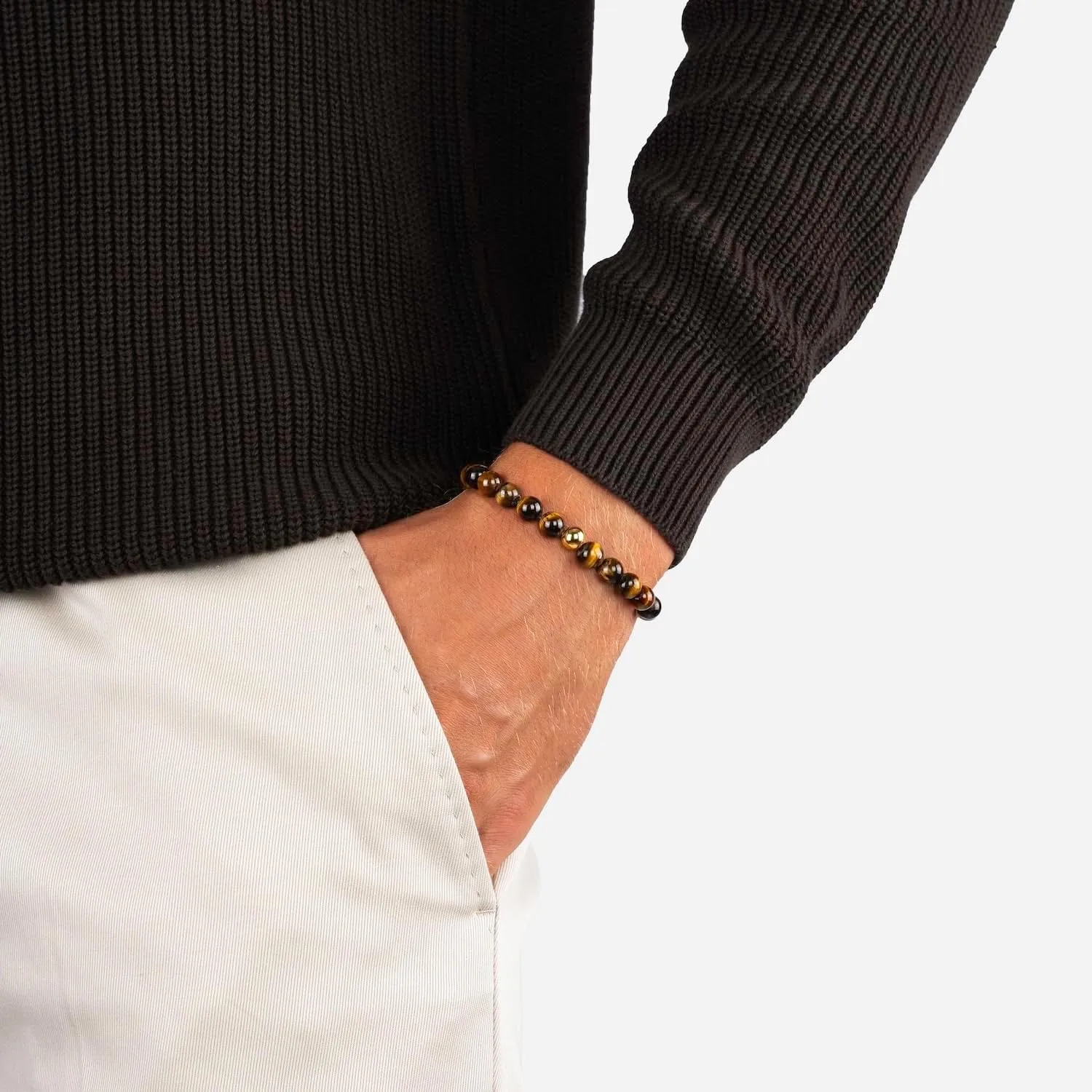 | Premium Beaded Bracelet for Men | Bracelet with Black Onyx, Brown Tigers Eye or Grey Larvikite Stone Pearl Beads | Exclusive Jewelry Gift Box | Handcrafted