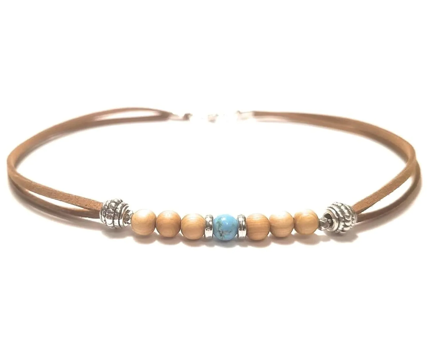 10 Inch Blue Turquoise Wood Bead Leather Micro Suede Ankle Bracelet Gift Boxed Boho Casual Anklet Swim Jewelry Gift Boxed
