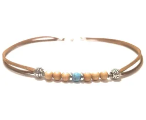 10 Inch Blue Turquoise Wood Bead Leather Micro Suede Ankle Bracelet Gift Boxed Boho Casual Anklet Swim Jewelry Gift Boxed