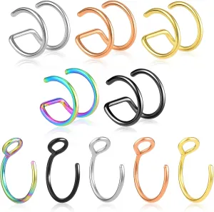 10 Pcs Fake Noses Rings Non-Pierced Faux Nose Ring Stainless Steel Fake Noses Piercing Jewelry Clip On Nose Ring for Women And Men (Steel, Gold, Rose Gold, Black, Multicolor)