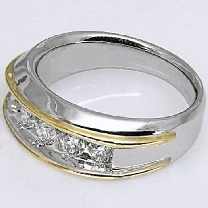 1.20 Ct Round Cut Lab Created White Diamond Half Eternity Men's Wedding Band Ring, 14K Two Tone Gold Finish