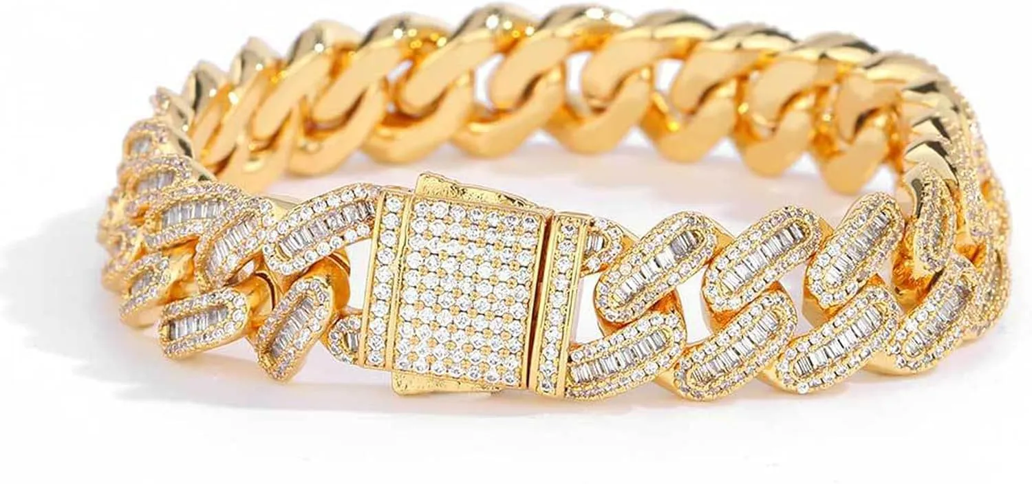 12mm Bracelet 5A  Cubic Zircon Cuban Bracelet - 18 karat gold/Platinum plated ice crystal Bracelet with spring buckle