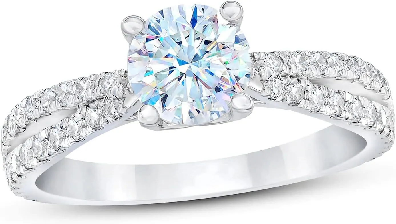 1.37 Carat Round Cut Moissanite Engagement Rings for Women Platinum Plated Silver Moissanite Rings