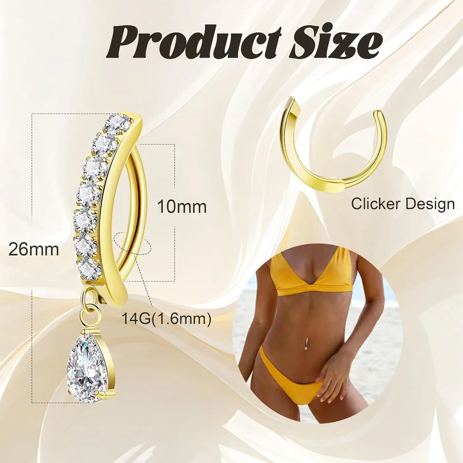 14G G23 Titanium Clicker Belly Button Ring for Women - Teardrop CZ Dangle Curved Reverse Barbell Navel Piercing - Hypoallergenic Jewelry