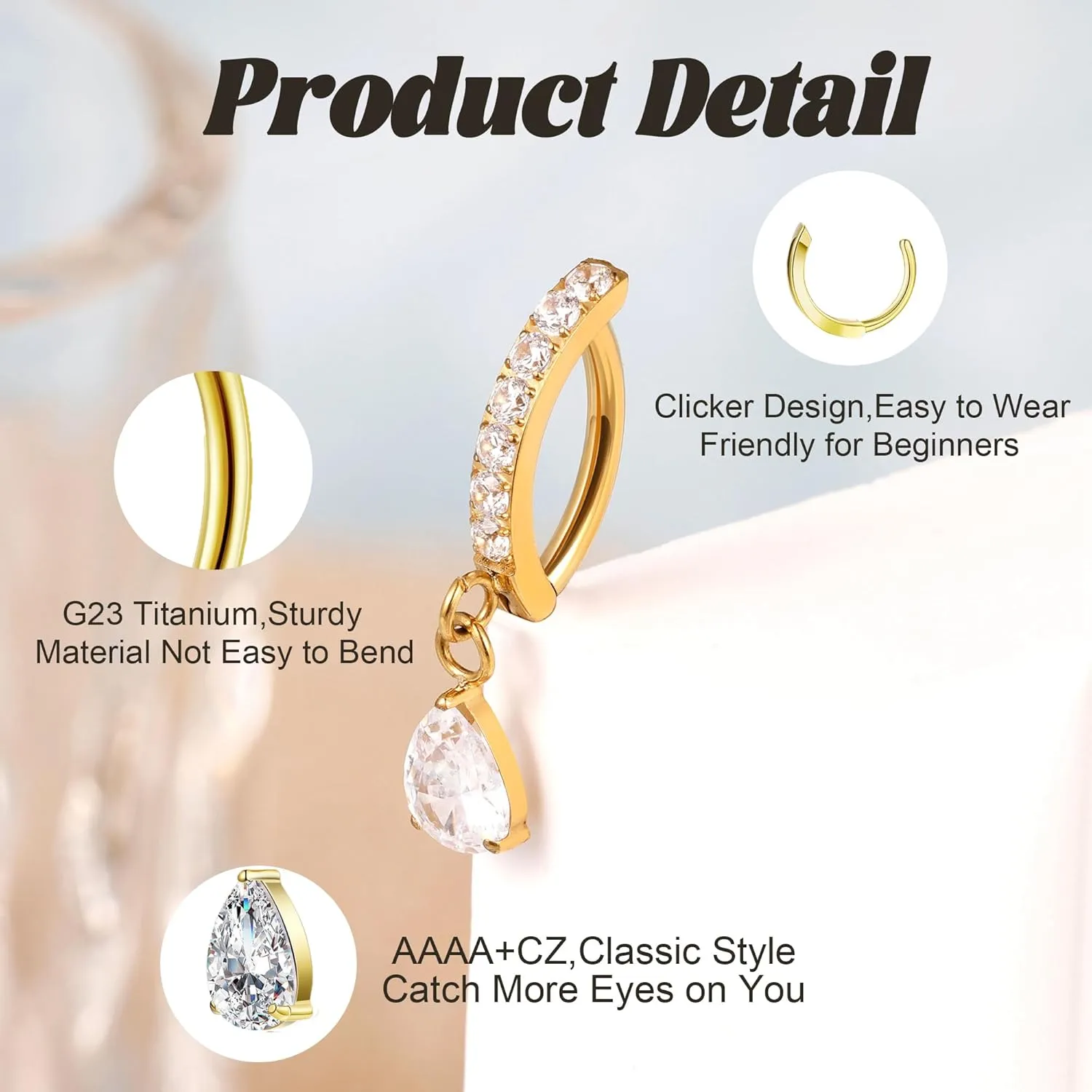 14G G23 Titanium Clicker Belly Button Ring for Women - Teardrop CZ Dangle Curved Reverse Barbell Navel Piercing - Hypoallergenic Jewelry