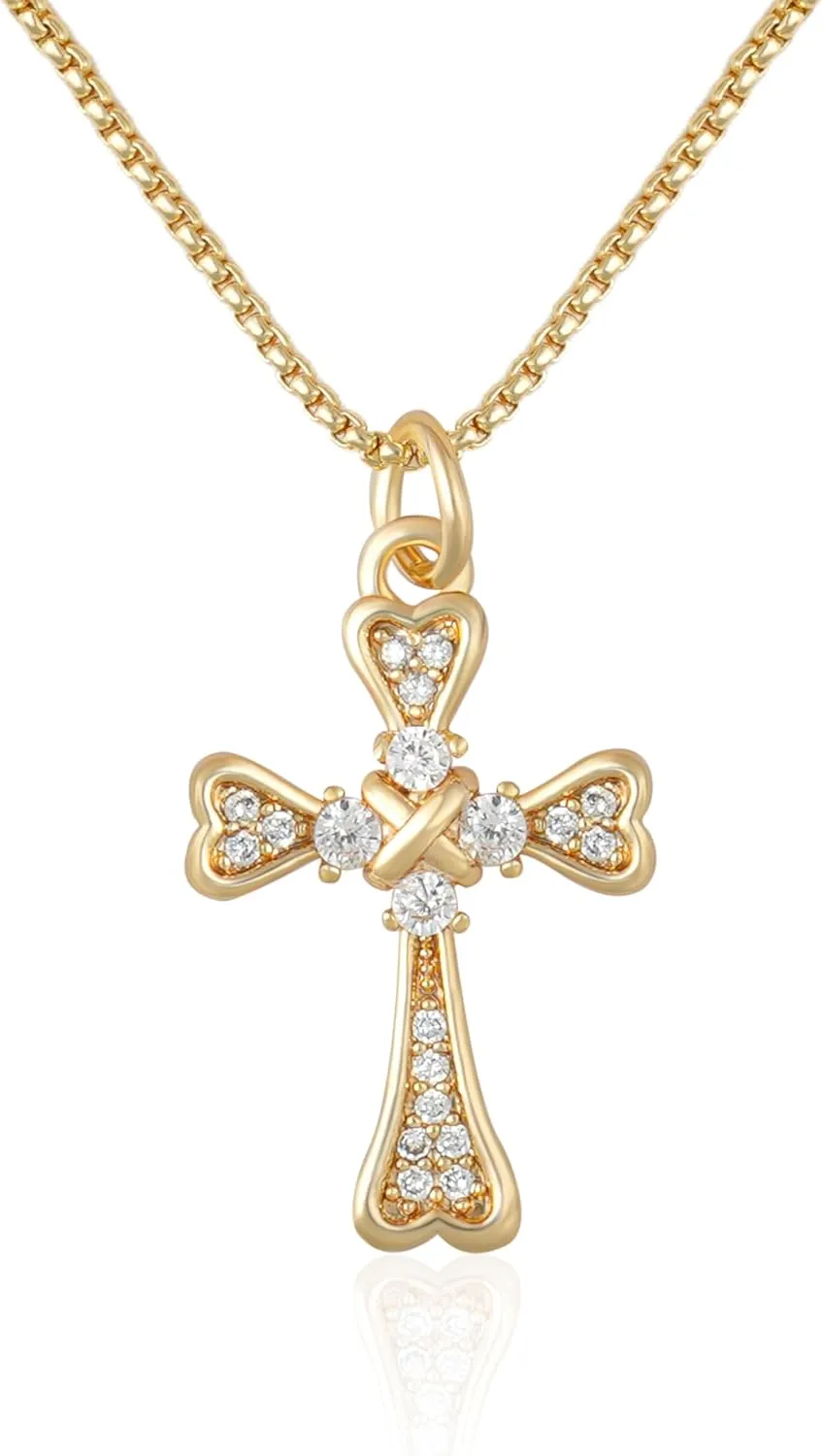 14K Gold Cross Pendant Necklace for Women,Elegant Cubic Zirconia Cross Necklace,Hypoallergenic, Chain 17.7 inch