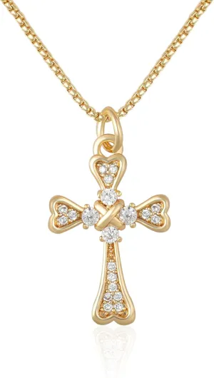 14K Gold Cross Pendant Necklace for Women,Elegant Cubic Zirconia Cross Necklace,Hypoallergenic, Chain 17.7 inch