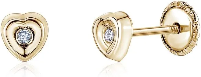 14k Gold CZ Heart Earrings Screwback for Baby Girls or Multiple Piercings Yellow with Simulated Diamond