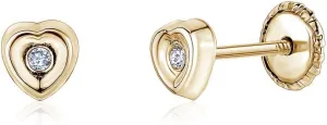 14k Gold CZ Heart Earrings Screwback for Baby Girls or Multiple Piercings Yellow with Simulated Diamond