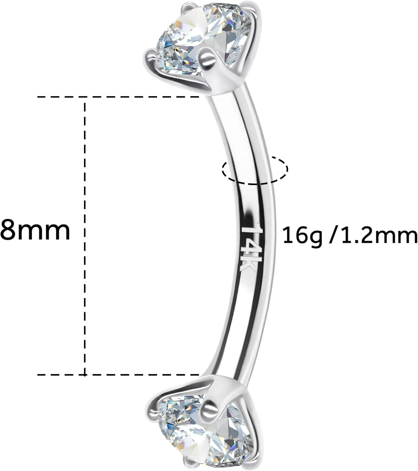 14k Gold Eyebrow Rings, 16G Barbell, Rook Piercing Jewelry, 8mm Daith, Labret Piercings Body Jewelry