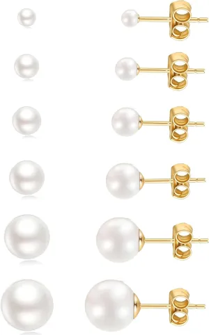 14K Gold Filled Polished Small CZ Pearl Ball Stud Earrings Set for Women Men 20G Surgical Steel Hypoallergenic Piercing Studs for Sensitive Ear, Pack of 6 Pairs
