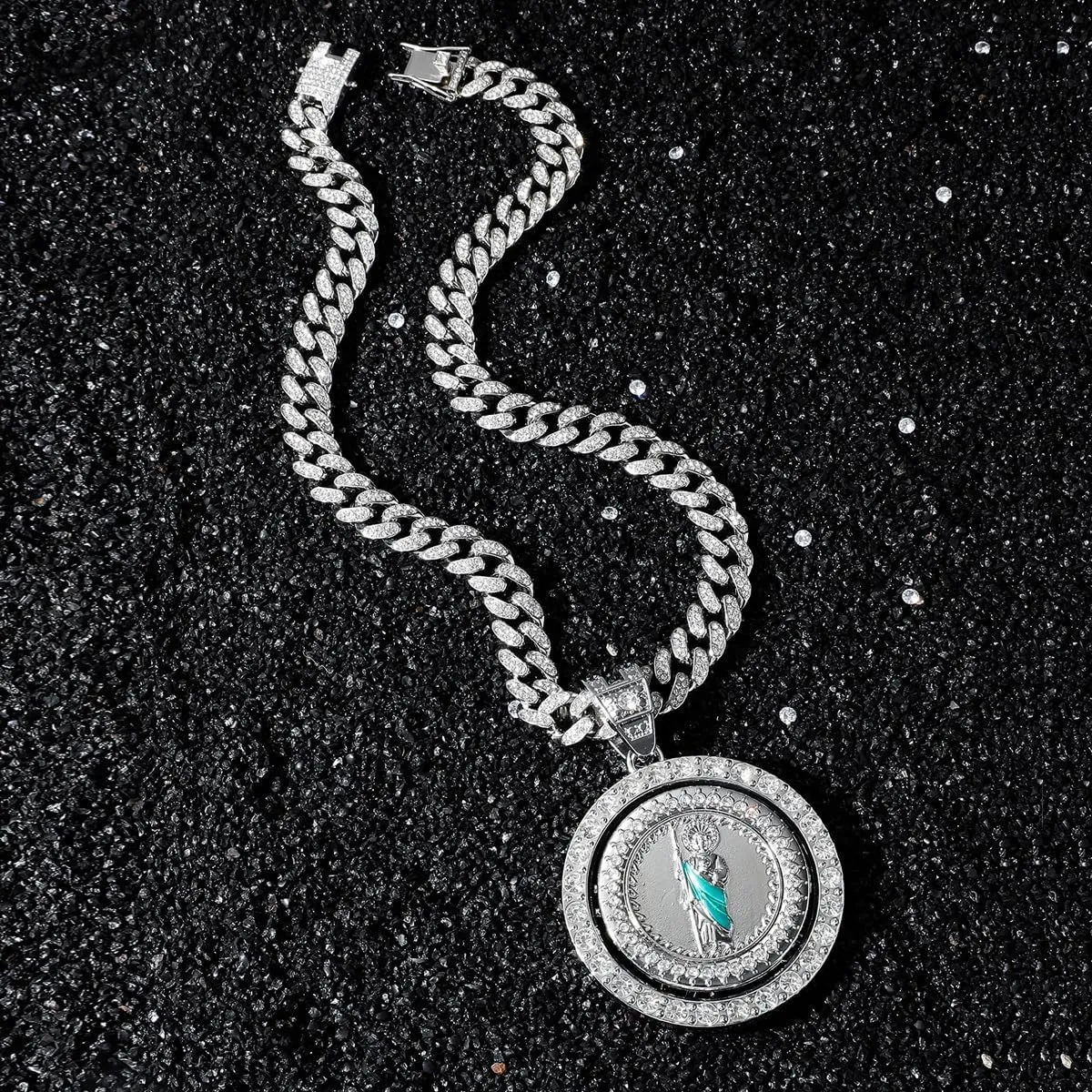 14K Gold Filled San Judas Necklace For Men And Women - Exquisite Zircon Jude Thaddeus Rainbow Crystal Pendant Prayer Religious Retro Necklace, St Jude Tadeo Medalla Cadena Oro Laminado