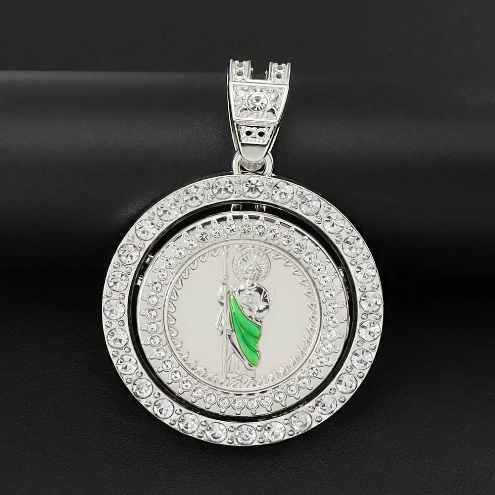 14K Gold Filled San Judas Necklace For Men And Women - Exquisite Zircon Jude Thaddeus Rainbow Crystal Pendant Prayer Religious Retro Necklace, St Jude Tadeo Medalla Cadena Oro Laminado