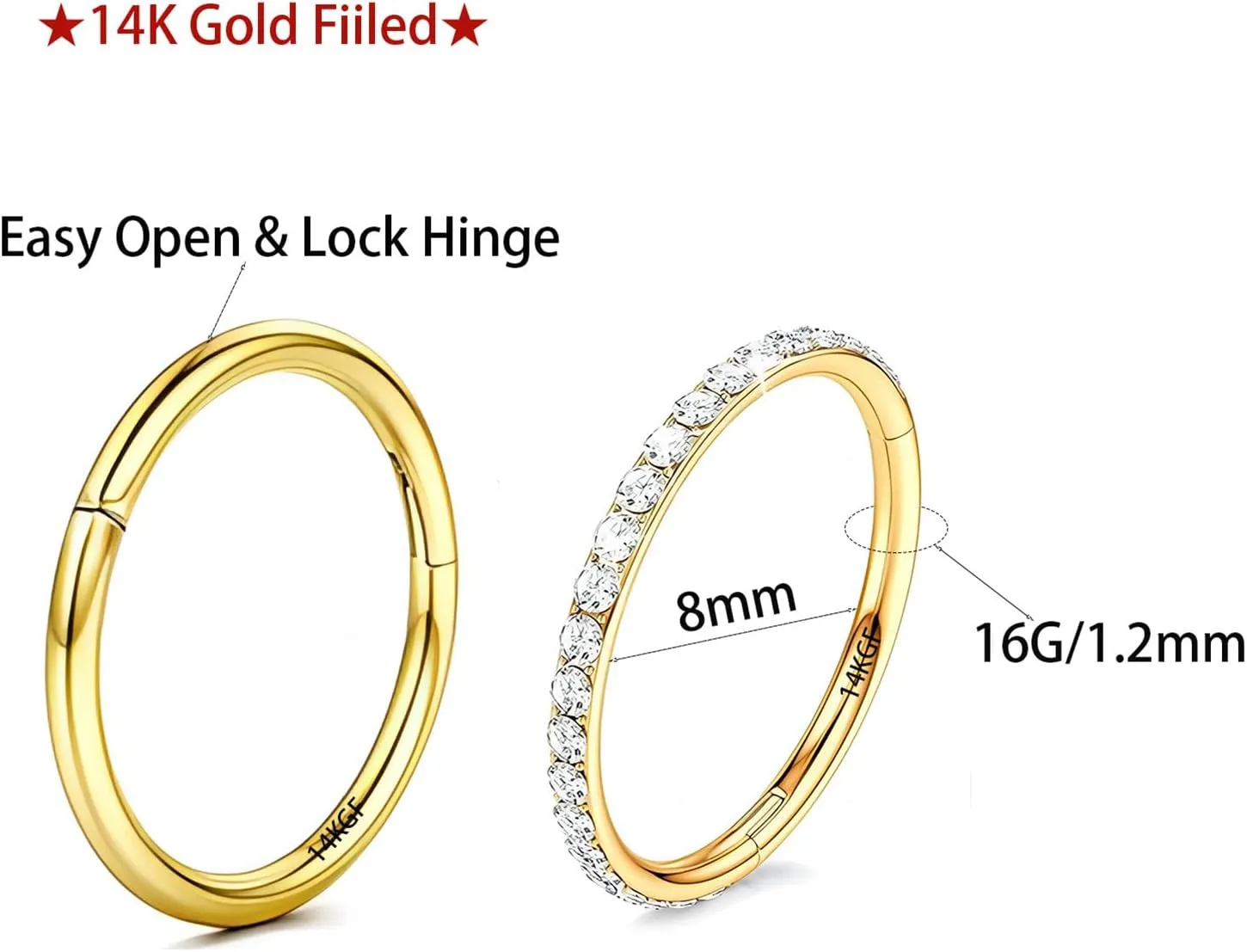 14K Gold Filled Septum Rings Hoop 16G 8mm/10mm 316L Segment Nose Rings for Men, Cartilage Clicker Hoop Earrings for Rook, Daith, Tragus, Hypoallergenic.