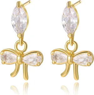 14K Gold Plated Bow Stud Earrings for Women Trendy Dainty Cute CZ Crystal Small Earrings Minimalist Jewelry Gifts for Her