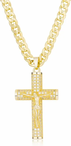 14k Gold-Plated Cuban Figaro Chain with Jesus Christ Crucifix, Cross Necklace for Men And Women,24 inches Long and 6mm wide