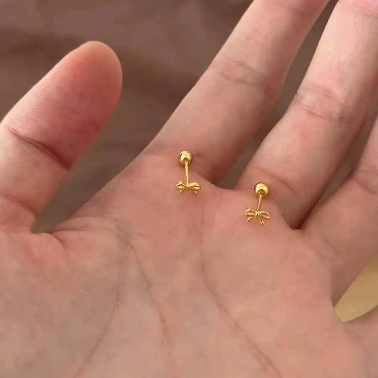 14k Gold Plated Hypoallergenic Bow Screw Back Cartilage Helix Tragus Gold Silver Earrings for Women Teen Tiny Mini - Stud, Polished Brass, Gold Plated- 1 Pair, 0.7 inches, Flat Back