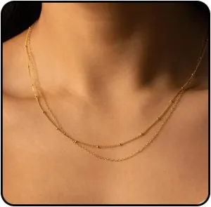 14k Gold Plated Layered Necklace Set, Dainty Gold Necklaces for Women Double Layer Snake Chain Herringbone Satellite Bead Chain Necklace Gold Jewelry