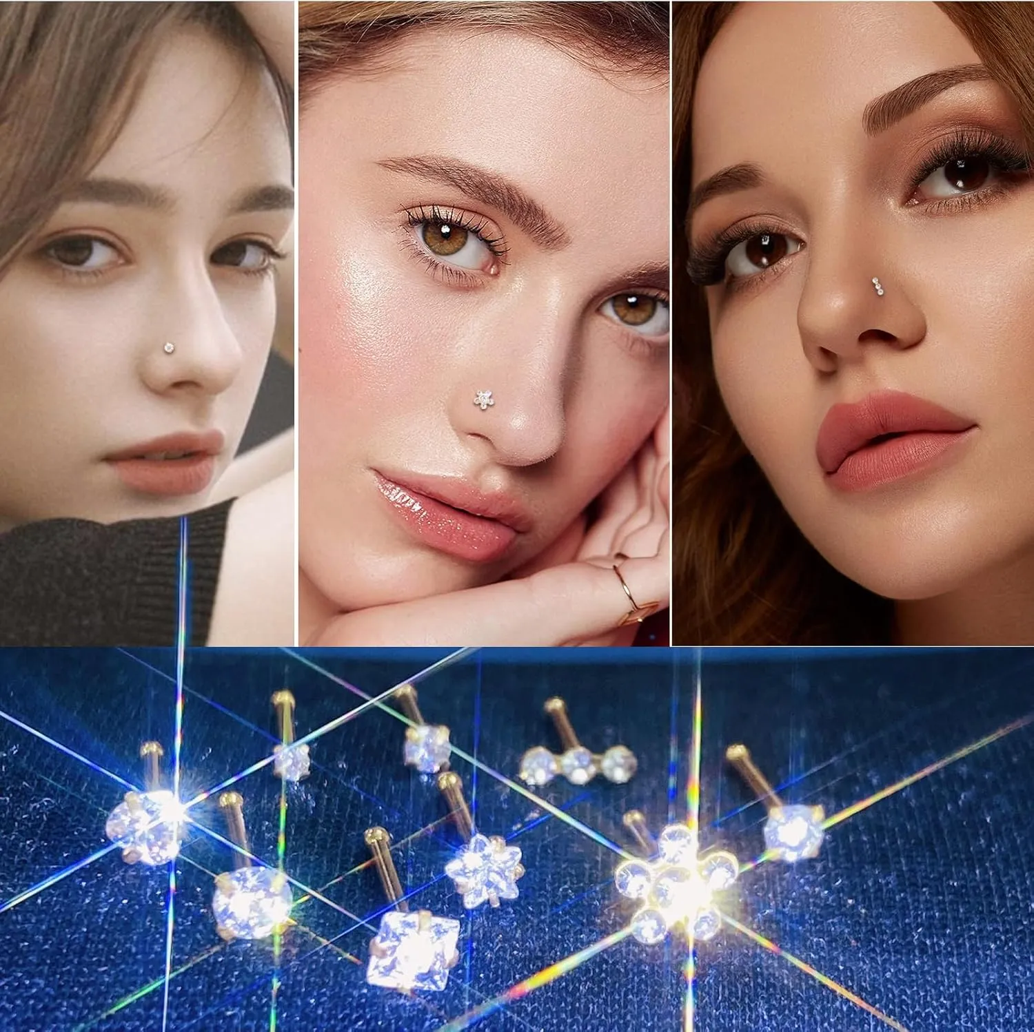 14k Gold Plated Nose Rings Studs for Women 316L Surgical Steel Nose Piercings 22g/20g/18g Gauges 1.5mm/2mm/2.5mm/3mm/3.5mm/4.5mm Sizes
