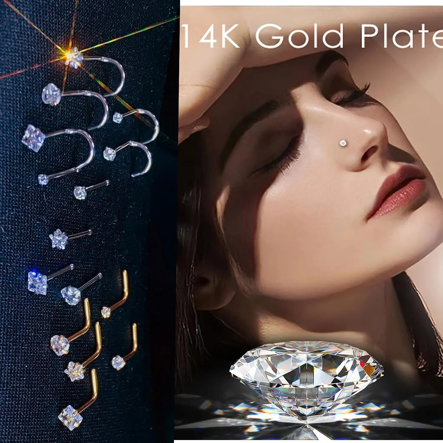 14k Gold Plated Nose Rings Studs for Women 316L Surgical Steel Nose Piercings 22g/20g/18g Gauges 1.5mm/2mm/2.5mm/3mm/3.5mm/4.5mm Sizes