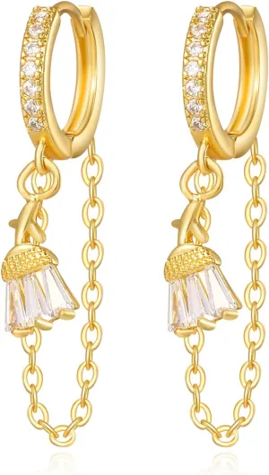 14K Gold Plated Tassel Chain Small Huggie Hoop Earrings for Women Trendy Dainty Cute CZ Dangle Earring for Women