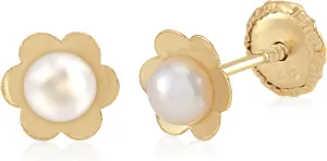 14k Gold Tiny Flower Earrings for Baby Girl Safety Screwback Covered Back Cultured Pearl