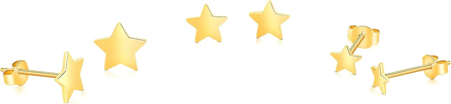 14K Solid Gold Celestial Star Shaped Stud Earrings Polished Shiny