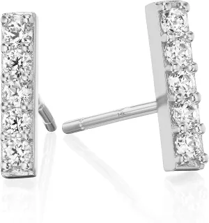 14K Solid Gold Cubic Zirconia Pave CZ Dainty Mini Bar Studs, Small Linear Bar Fine Jewelry Women's Stud Earrings