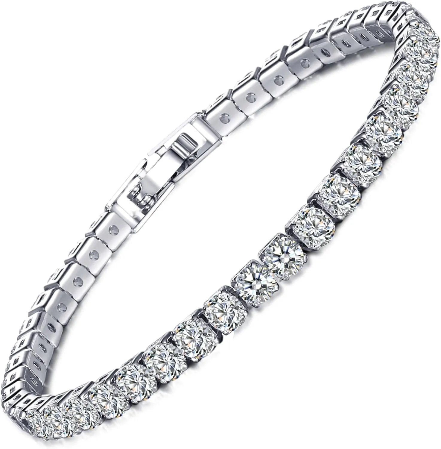14K White Gold Plated 5mm Cubic Zirconia Tennis Bracelet for Women and Men, Classic Silver Diamond Tennis Bangle Bracelets, Adjustable Detachable 7.6IN Length, Suitable for Everyone