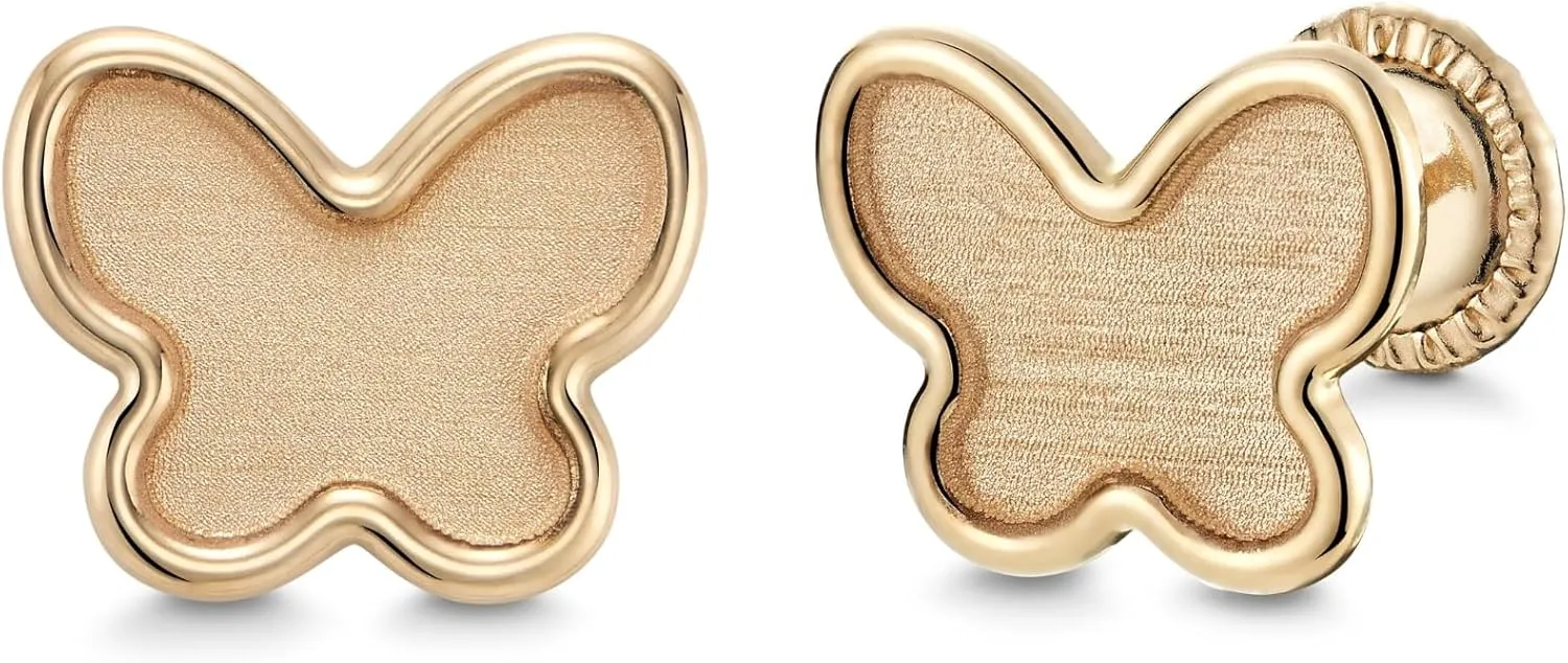 14k Yellow Gold Butterfly Stud Earrings Matte Finish, Covered Screwback Closure for Girls and Women