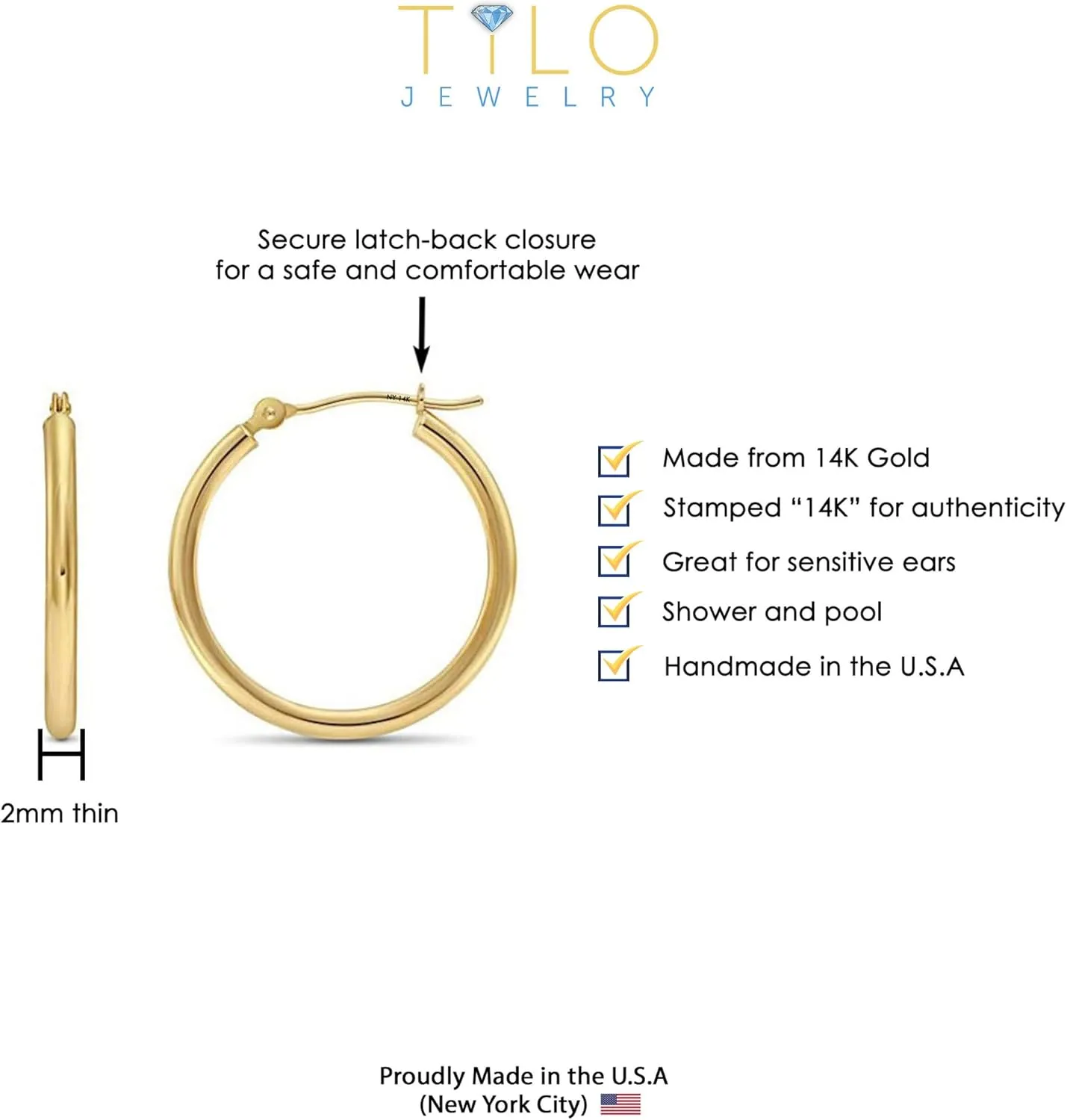 14k Yellow Gold Classic Shiny Polished Round Hoop Earrings, 2mm tube
