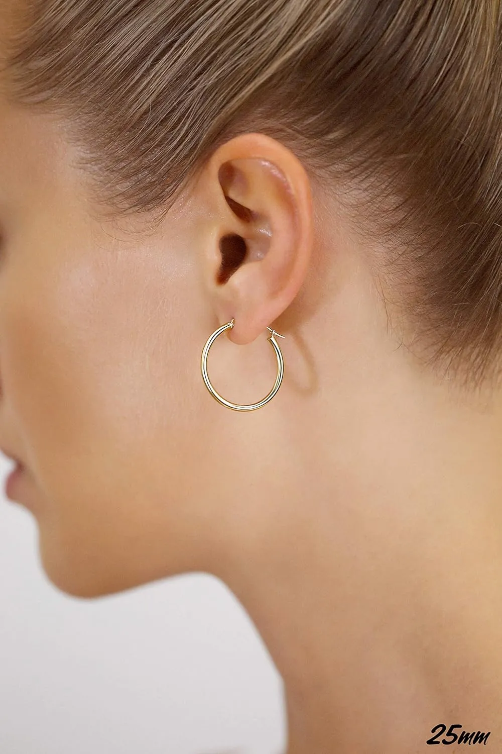 14k Yellow Gold Classic Shiny Polished Round Hoop Earrings, 2mm tube