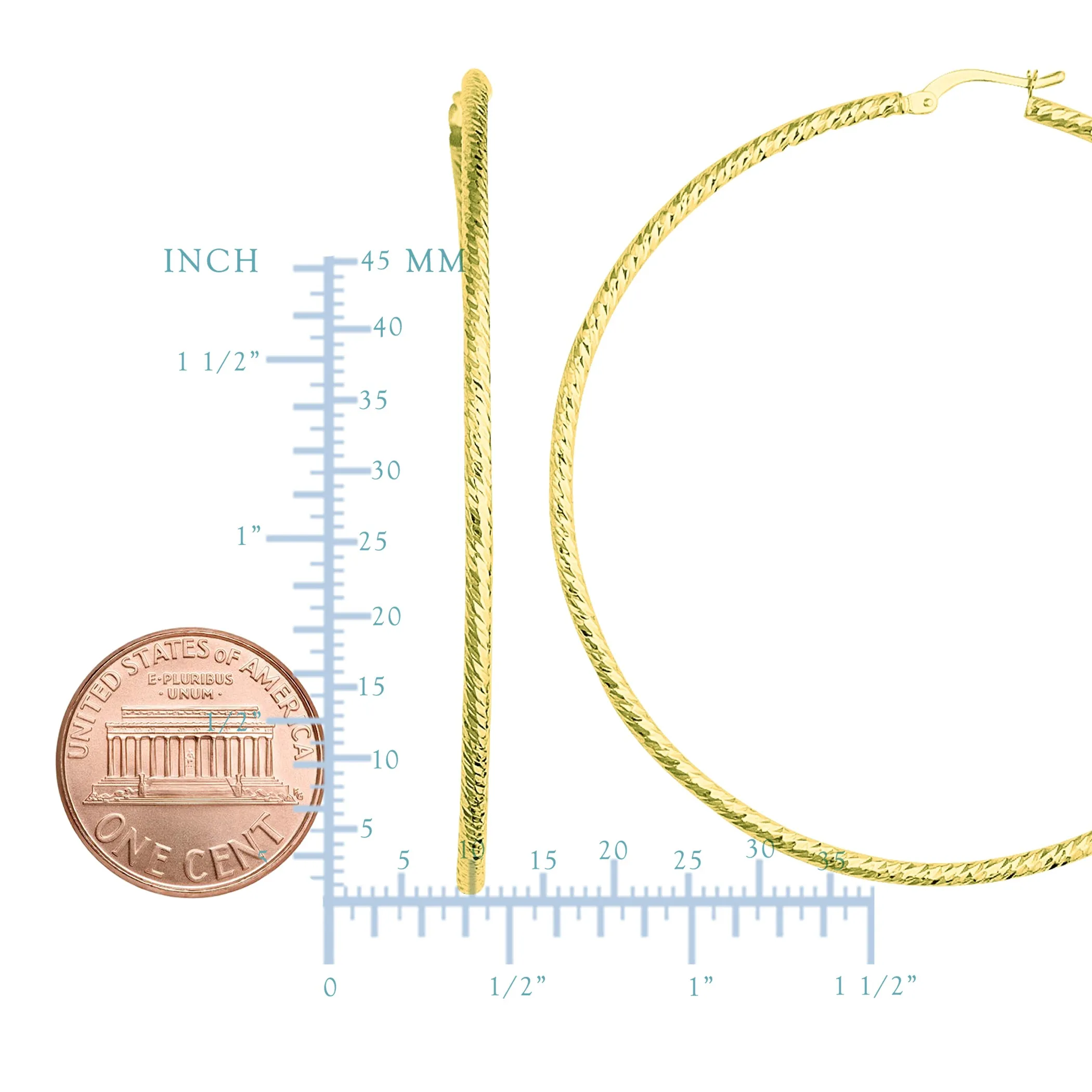 14K Yellow Gold Diamond Cut Round Design Hoop Earrings, Diameter 60mm