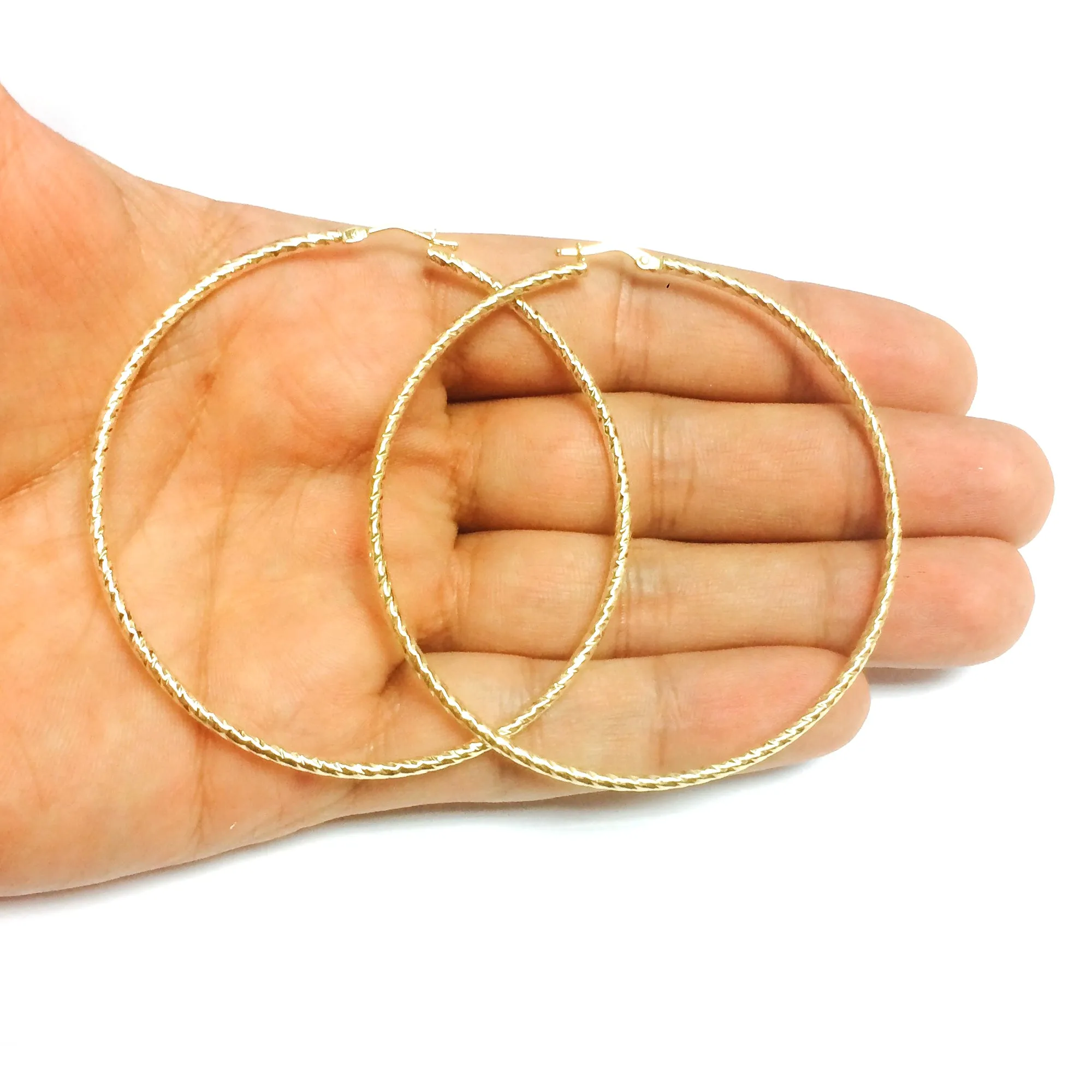14K Yellow Gold Diamond Cut Round Design Hoop Earrings, Diameter 60mm
