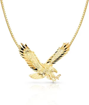 14K Yellow Gold Eagle Charm Pendant with 1mm Box Chain Necklace