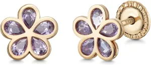 14k Yellow Gold Flower Stud Earrings with Simulated Purple Gemstone, Covered Screwback Closure for Girls and Women