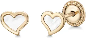 14k Yellow Gold Heart Twist Stud Earrings with Mother of Pearl - Covered Screwback Closure for Women and Girls