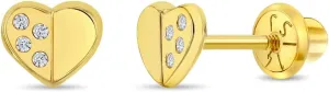 14k Yellow Gold Polished Heart Shaped Screwback Earrings With Clear Cubic Zirconia Stones For Toddlers and Little Girls - Heart Themed Jewelry for Little Girls with Sensitive Ears