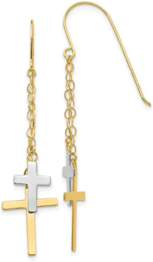 14k Yellow Gold Polished Shepherd hook Chain Dangle Religious Faith Cross Shepard-Hook Earrings 56x12mm Wide-Dangle Earring for Women and Men