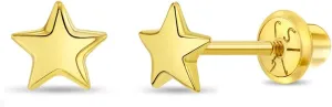 14k Yellow Gold Puffed Star Screw Back Earrings For Toddlers & Little Girls - Small Star Shaped Girl Earrings - Polished Safety Screw Back Girl Earrings For Young Girls