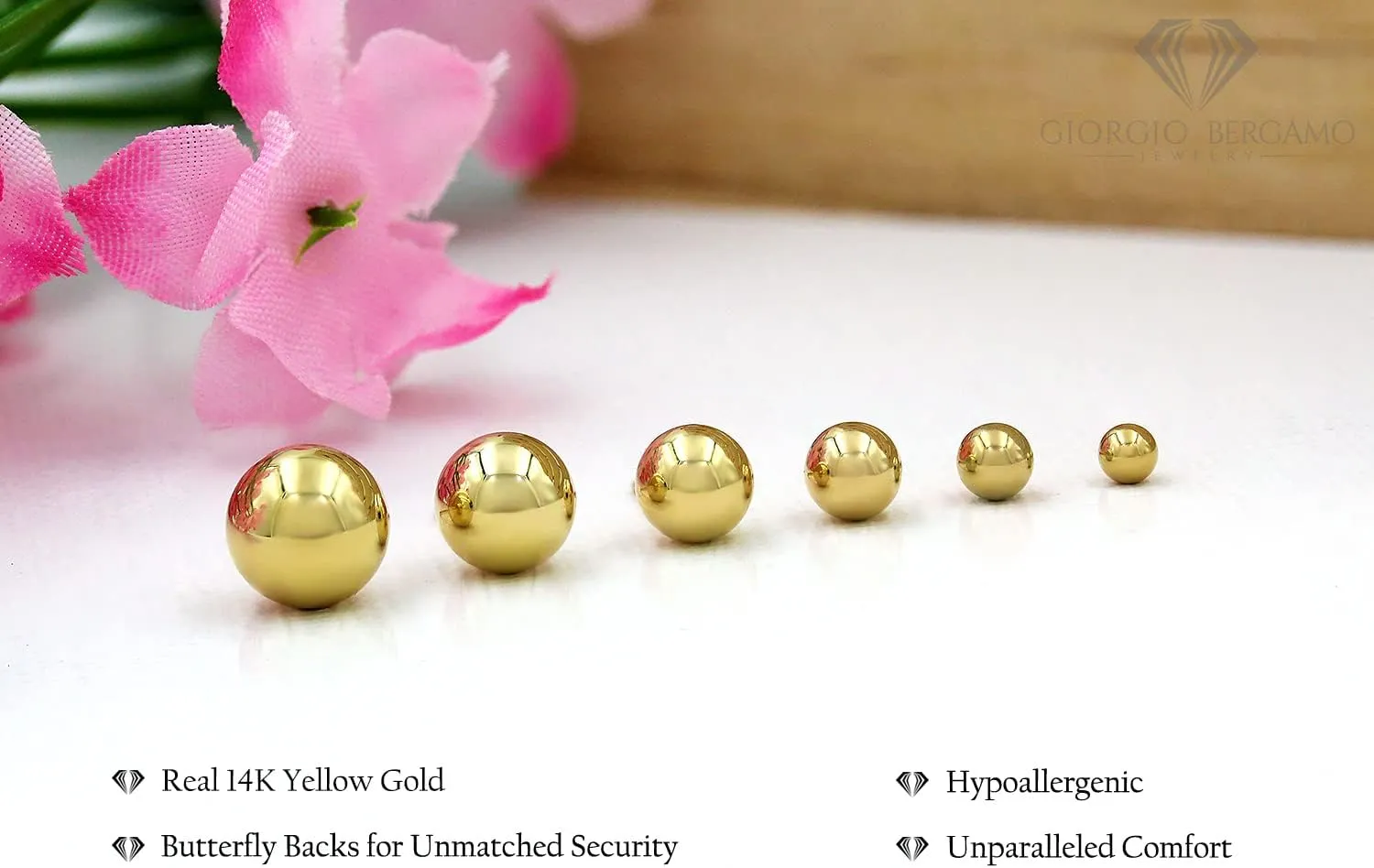 14K Yellow Gold Round Ball Studs 3mm - 10mm, Polished Smooth Earrings for Women, Butterfly Backing, Giorgio Bergamo