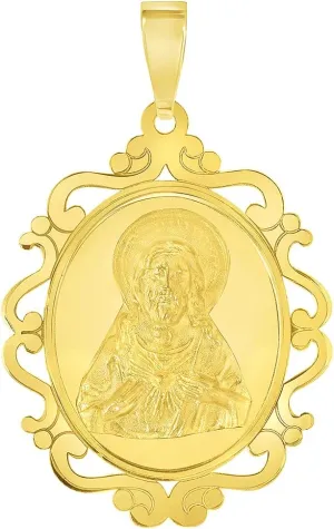 14k Yellow Gold Sacred Heart of Jesus Christ On Elegant Ornate Miraculous Medal Pendant (1")