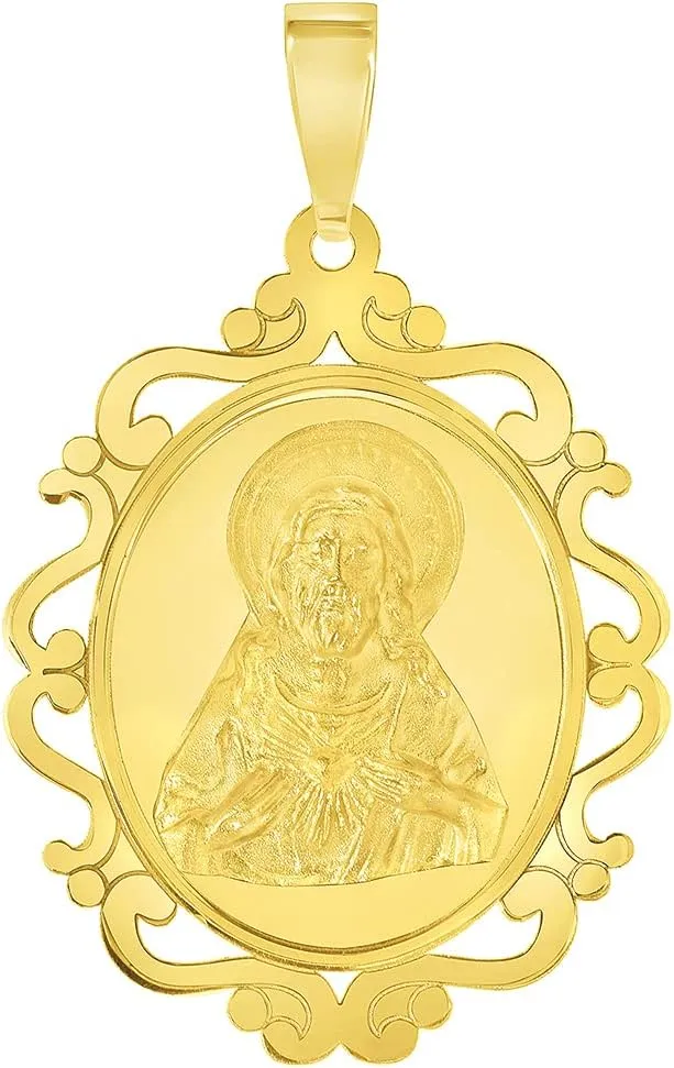14k Yellow Gold Sacred Heart of Jesus Christ On Elegant Ornate Miraculous Medal Pendant (1")