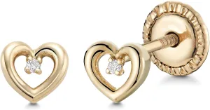 14k Yellow Gold Tiny Heart Stud Earrings for Girls with Diamond Center and Secure Screwback Closure