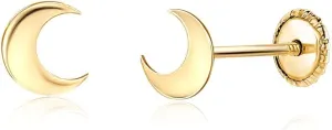 14k Yellow Gold Tiny Star Moon Earrings Stud Shiny Polished Screwback Closure