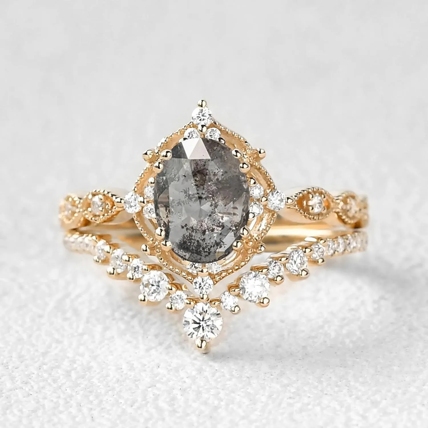 1.5 CT Oval Cut Gemstone Ring Set Moss Agate Opal Alexandrite Black Rutilated Quartz with Moissanite Engagement Rings for Women S925 10K 14K 18K Gold Wedding Bridal Set Promise for Her Free Engraving