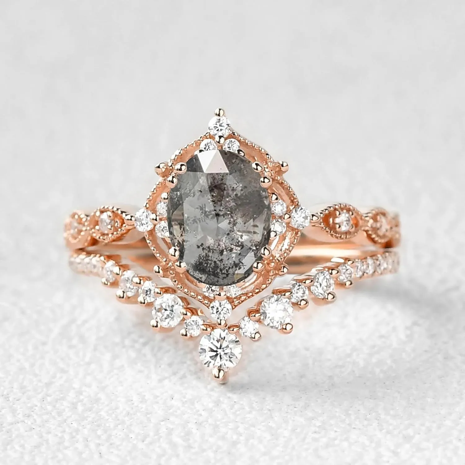 1.5 CT Oval Cut Gemstone Ring Set Moss Agate Opal Alexandrite Black Rutilated Quartz with Moissanite Engagement Rings for Women S925 10K 14K 18K Gold Wedding Bridal Set Promise for Her Free Engraving