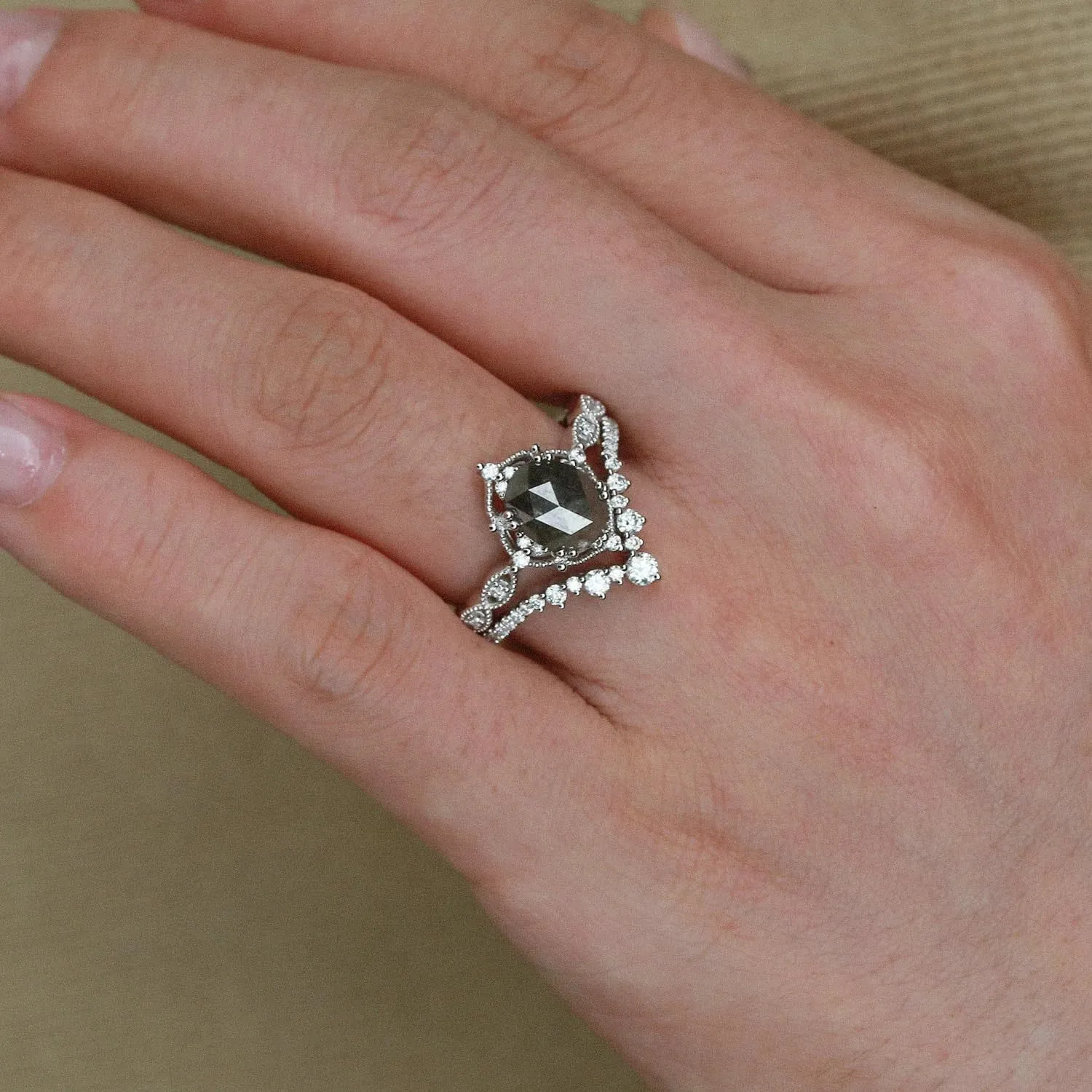 1.5 CT Oval Cut Gemstone Ring Set Moss Agate Opal Alexandrite Black Rutilated Quartz with Moissanite Engagement Rings for Women S925 10K 14K 18K Gold Wedding Bridal Set Promise for Her Free Engraving