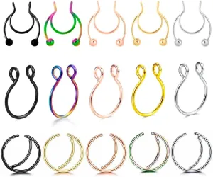 15Pcs Surgical Stainless Steel Moon U Shaped Septum Fake Nose Ring Hoop - Lip, Helix, Cartilage Earring for Women Body Piercing Jewelry