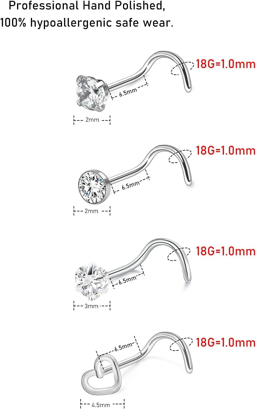 18G 20G Nose Rings Studs Stainless Steel L Shaped Screw Nose Rings Hypoallergenic Cubic Zirconia Nostril Nose Piercing Jewelry for Women Men Silver